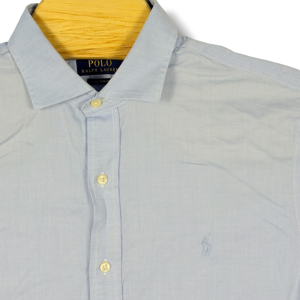 Polo Ralph Lauren Dress Shirt Mens L 16.5 Blue Custom Fit Cotton Dobby Easy Care